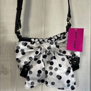 Betsey Johnson Black & White Polka Dot Bow Crossbody with Pink Tag